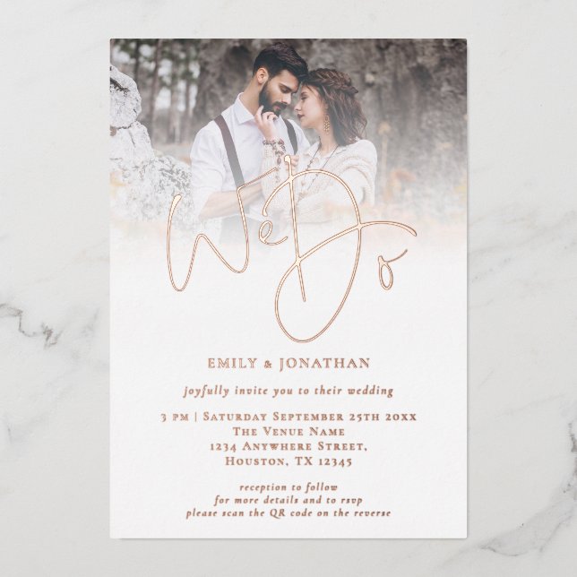 We Do Photo Script Overlay QR Code Wedding Real  Foil Invitation (Front)