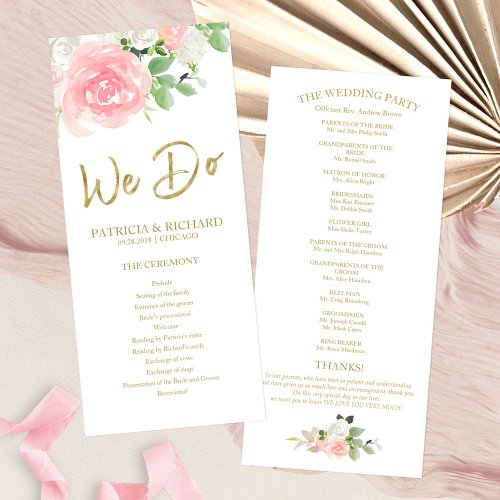 We Do Pink Blush Roses Floral Gold Wedding Program