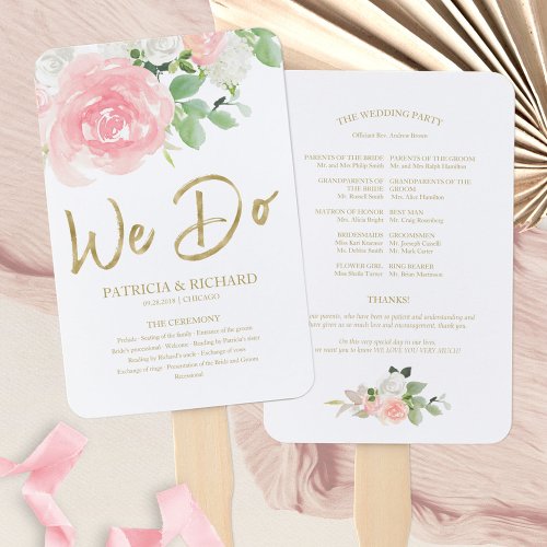 We Do Pink Blush Roses Floral Gold Wedding Program Hand Fan