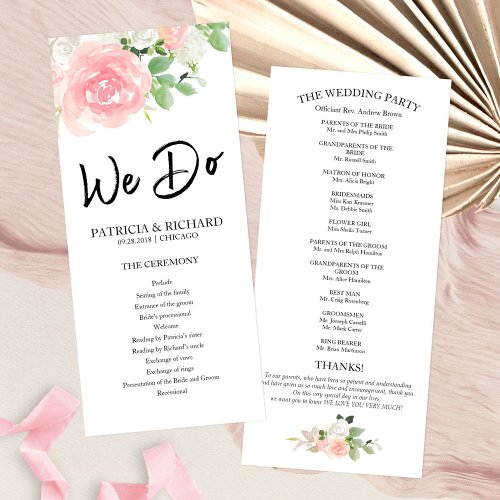 We Do Pink Blush Roses Floral Wedding Program