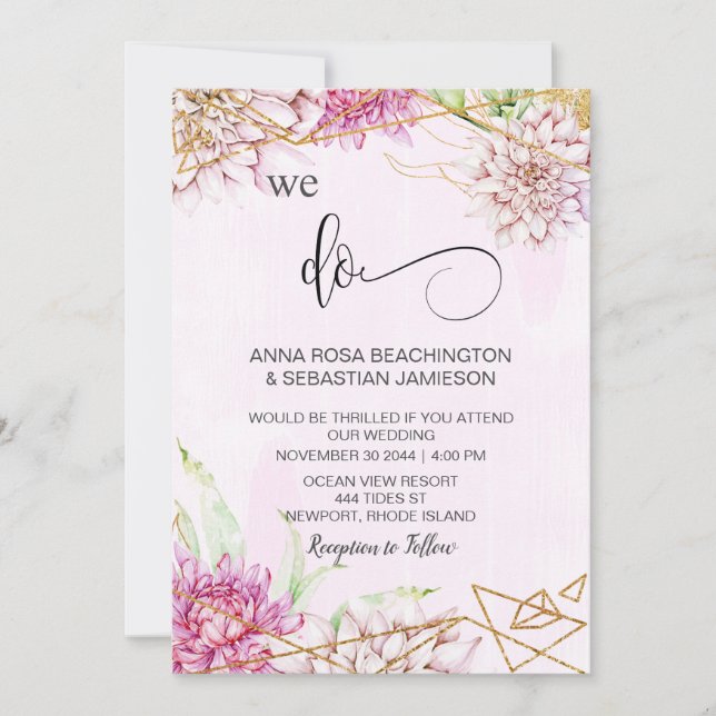 *~* WE DO Pink Floral RSVP AR15 QR Crystal Wedding Invitation (Front)