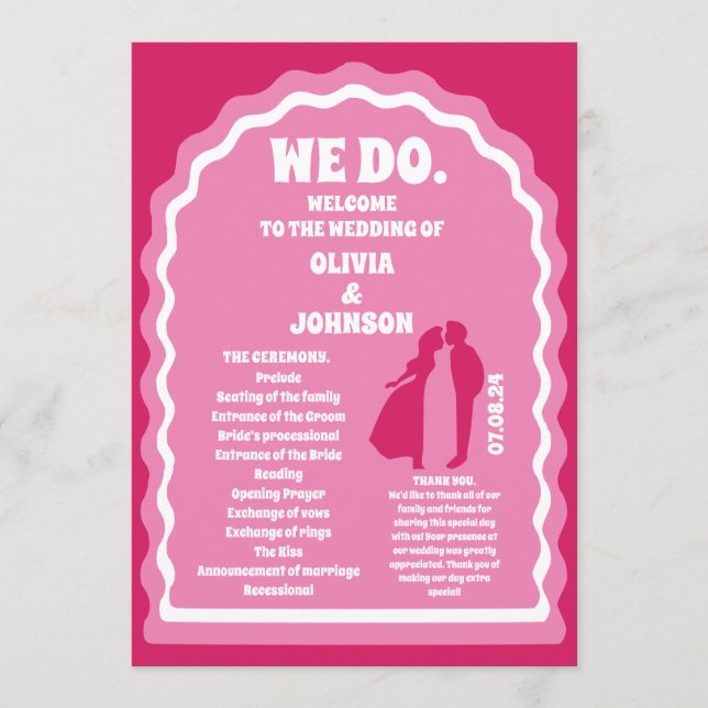 We Do Pink Retro Arch Wedding Order of Service Program (Front)