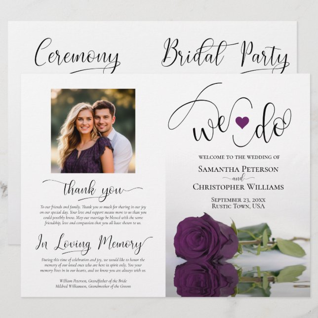 We Do! Plum Purple Rose DIY Fold Wedding Program (Front/Back)