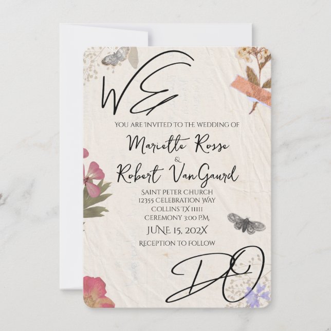 WE DO Pressed Flowers Shabby Garden Chic Wedding  Invitation (Front)