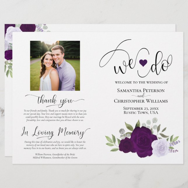 We Do! Purple Boho Roses DIY Fold Wedding Program (Front/Back)