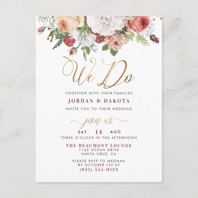 We Do | Roses & Chic Gold Glitter Script Wedding Invitation Postcard (Front)