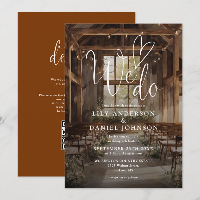 We Do Rustic Barn String Lights QR Code Wedding Invitation (Front/Back)