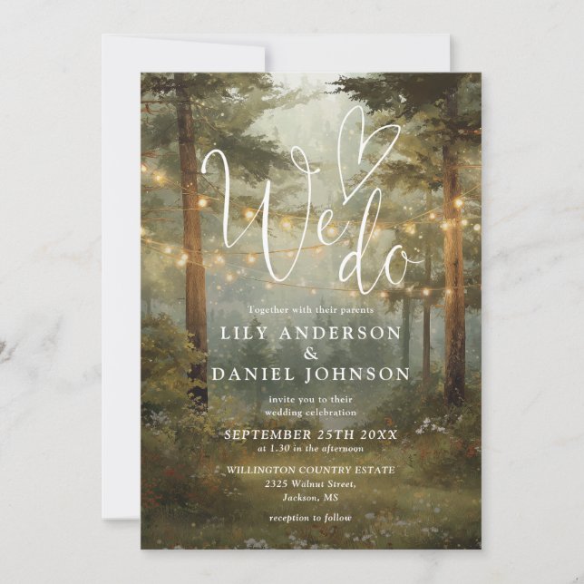 We Do Rustic Boho Forest String Lights Wedding Invitation (Front)