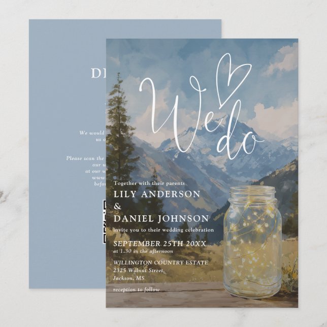 We Do Rustic Mountain Mason Jar QR Code Wedding Invitation (Front/Back)