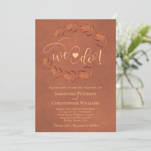We Do Rustic Terracotta Leaves Elegant Wedding Invitation