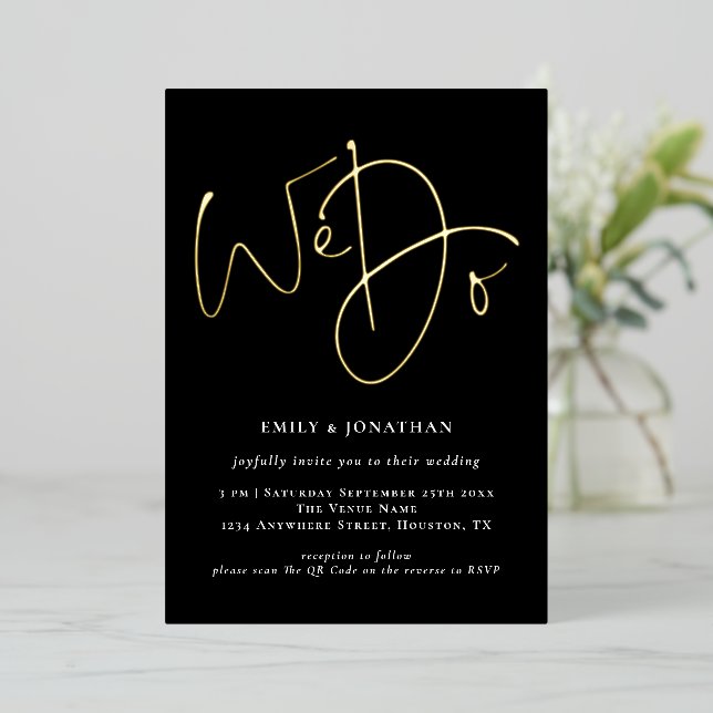 We Do Script Black QR Code Gold Real Foil Wedding Invitation (Standing Front)