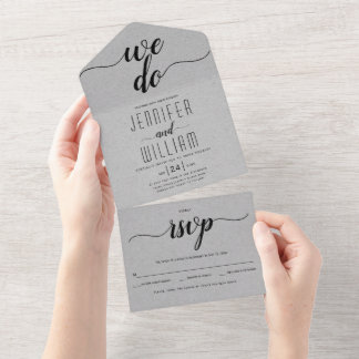 "We do" script calligraphy gray kraft weddin All In One Invitation