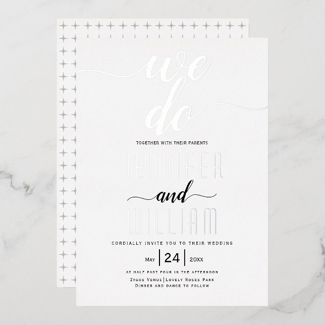 "We do" script calligraphy wedding real silver Foil Invitation (Front/Back)