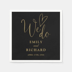 We Do Script Love Heart Black And Gold Wedding Napkins