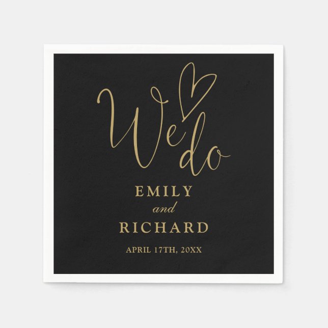 We Do Script Love Heart Black And Gold Wedding Napkins (Front)