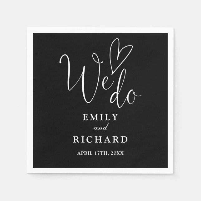 We Do Script Love Heart Black And White Wedding Napkins (Front)