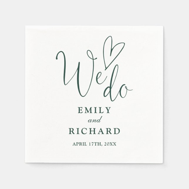 We Do Script Love Heart Emerald Green Wedding Napkins (Front)