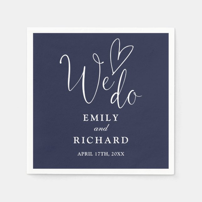 We Do Script Love Heart Navy Blue Wedding Napkins (Front)