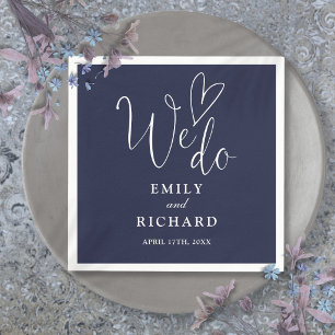 We Do Script Love Heart Navy Blue Wedding Napkins