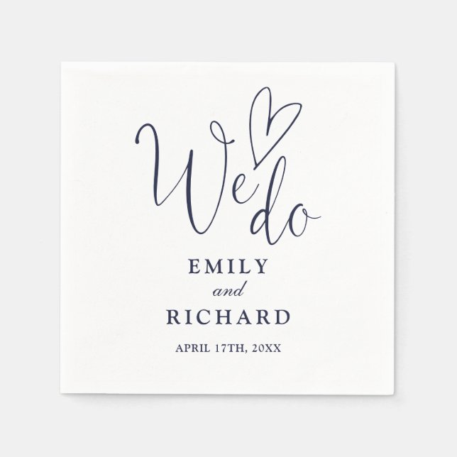 We Do Script Love Heart Navy Blue Wedding Napkins (Front)