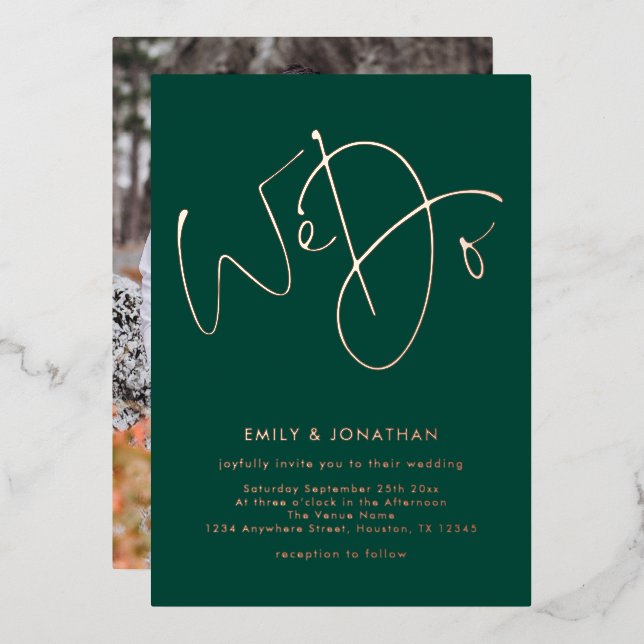 We Do Script Photo Emerald Green Rose Gold Wedding Foil Invitation (Front/Back)