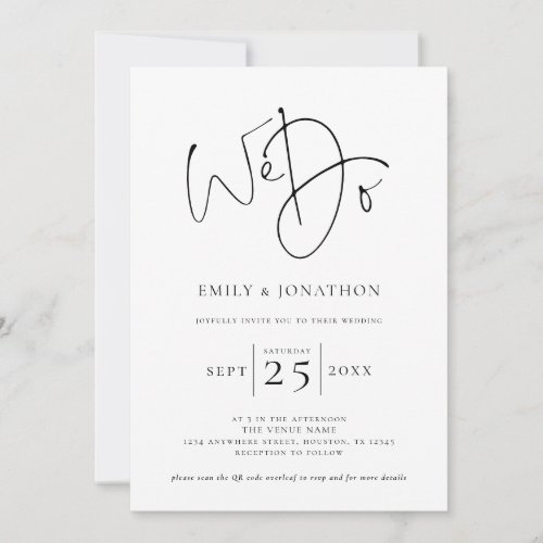 We Do Script Photo Overlay QR Black White Wedding Invitation