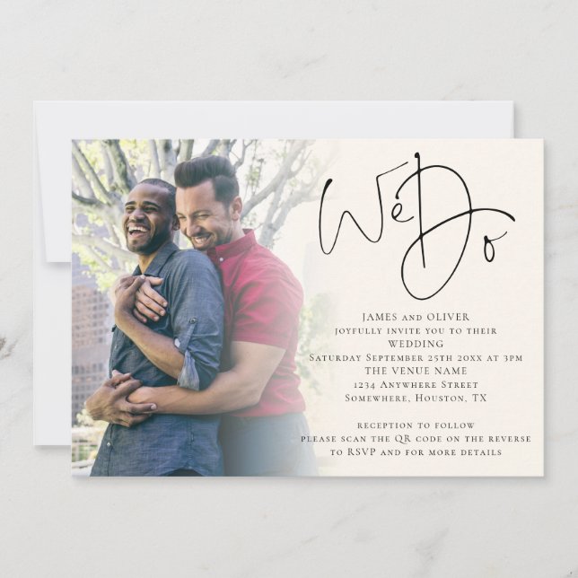 We Do Script Photo QR Code Gay Cream Wedding Invitation (Front)