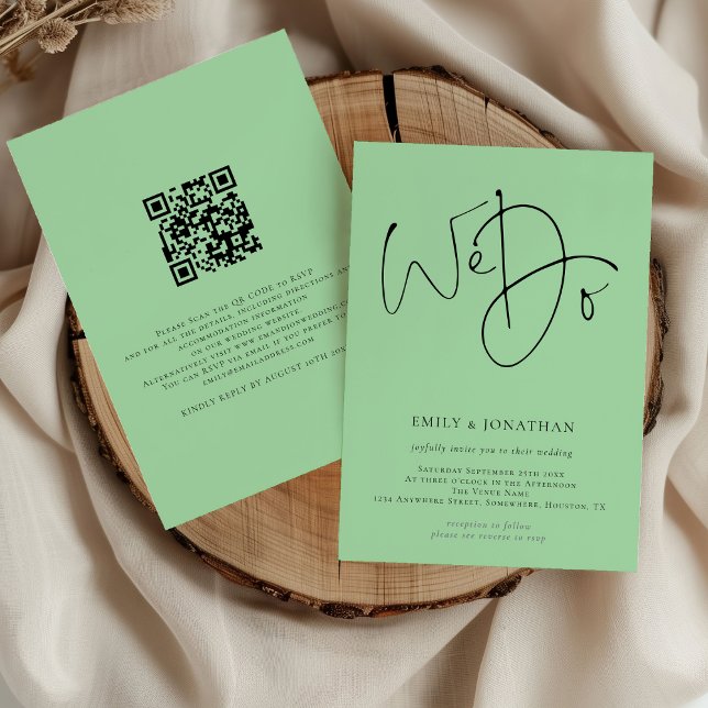 We Do Script QR Code Celadon Green Wedding Invitation (Front and back view)