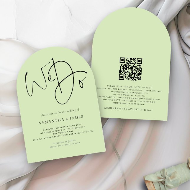We Do Script QR Code Lime Cream Green Wedding Arch Invitation (Front and back view)