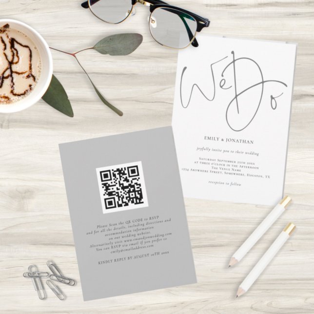 We Do Script QR Code Minimalist Gray Wedding Invitation (Creator Uploaded)
