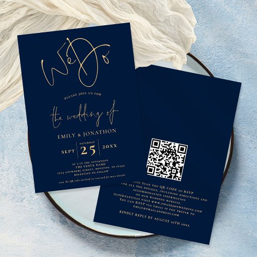 We Do Script QR Code Navy Blue Wedding Invitation