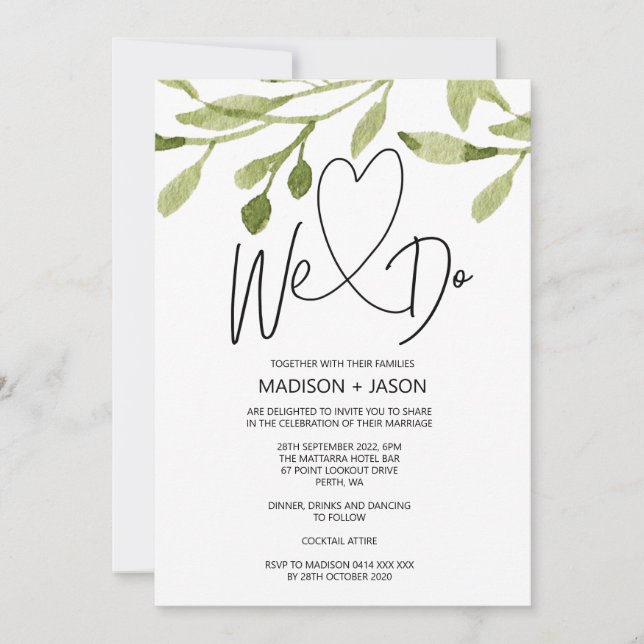 We Do Simple Modern Wedding Greenery Eucalyptus Invitation (Front)