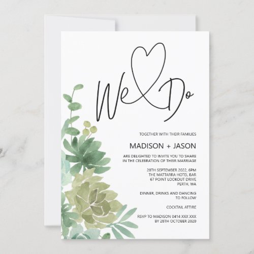 We Do Simple Modern Wedding Greenery Succulents Invitation