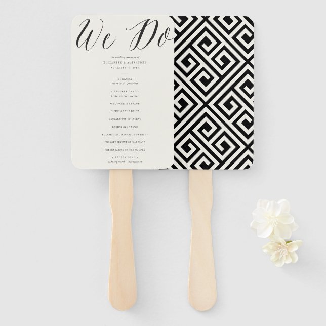 We Do Simple Script Geometric Chic Wedding Program Hand Fan (Front and Back)