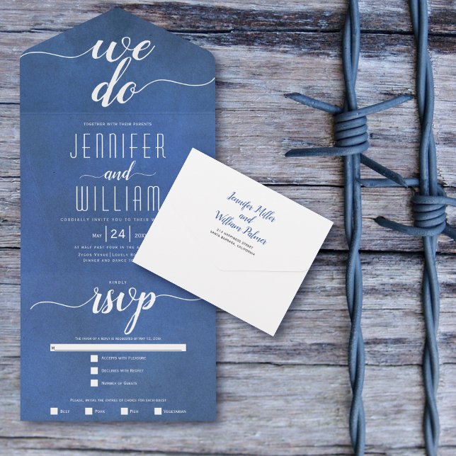 "We do" stained blue script calligraphy wedding All In One Invitation (Creator Uploaded)