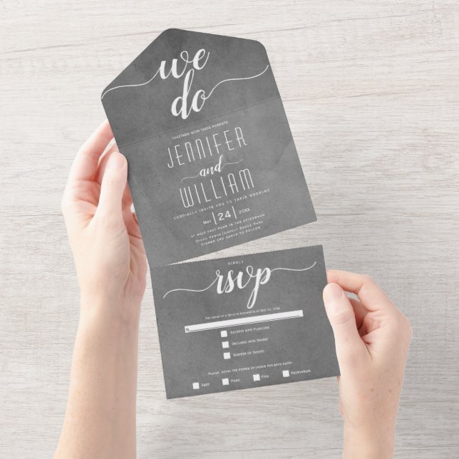 "We do" stained gray, script calligraphy wedding All In One Invitation (Tearaway)