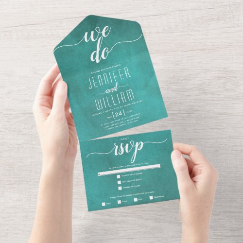 We do stained teal blue calligraphy wedding All In One Invitation