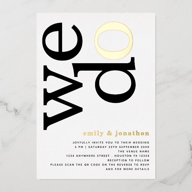 We Do Stylish Text QR Code Gold Real Foil Invitati Invitation (Front)