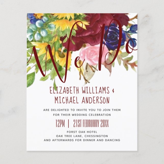 WE DO Sunflowers Burgundy Blue Wedding Invites (Front)