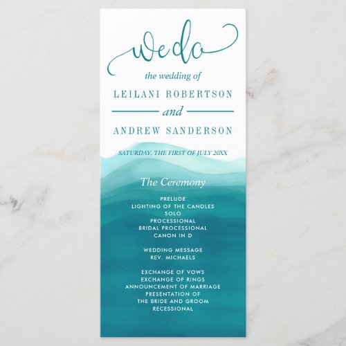 We Do Teal Ombre Watercolor Wave Wedding Program