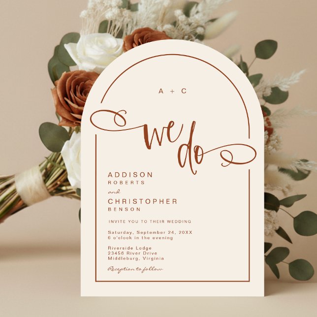 We Do Terracotta Modern Script Wedding Invitation (Shown on a 5" x 7" invitation with Arch Corner Style)