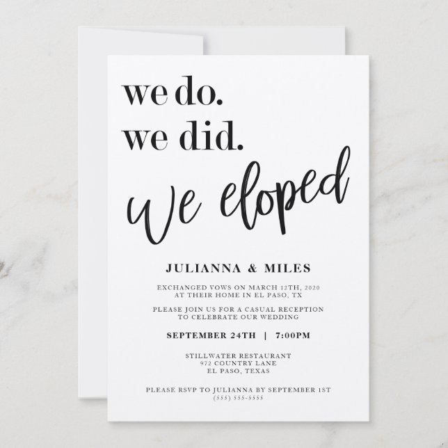 We Do We Did We Eloped Wedding Reception Invitation (Front)