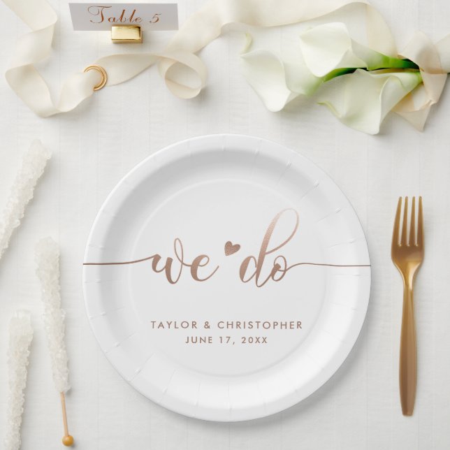 We Do | Wedding Day Modern Metallic Script White Paper Plates (Wedding)