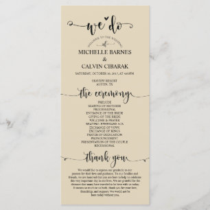 We Do Wedding program card in rustic beige theme