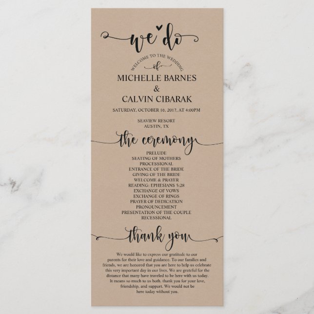We do Wedding program card in rustic fawn theme (Front)