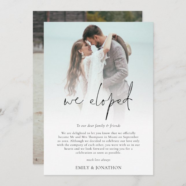 We Eloped 2 Photo Script Wedding Announcement card (Front/Back)
