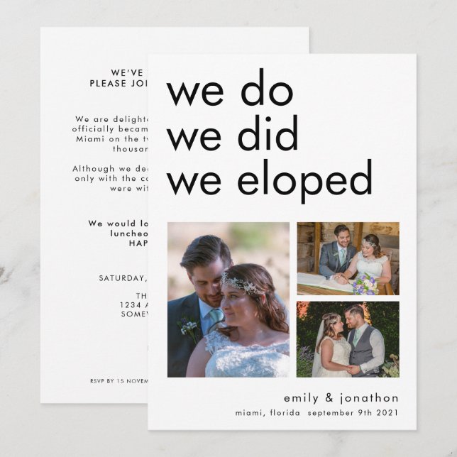 We Eloped 3 Photos Announcement Invitation (Front/Back)