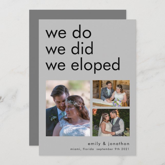 We Eloped 3 Photos Announcement Invitation gray (Front/Back)