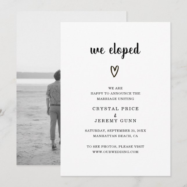 We Eloped Black and White Heart Photo Elopement Announcement (Front/Back)