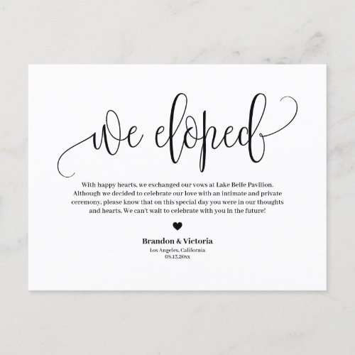 We Eloped | Black Pretty Script Wedding Elopement Announcement Postcard